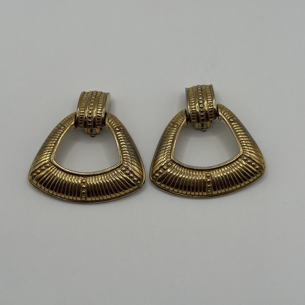 Vintage Givenchy Paris New York Gold Tone Ribbed Door Knocker Clip Earrings